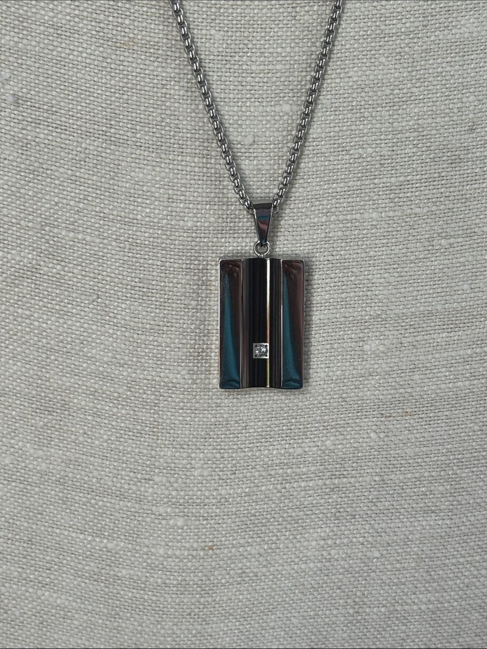 Stainless Steel Black Rectangle Pendant Necklace with CZ Crystal Accent